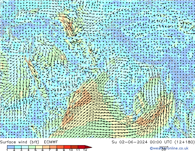 wiatr 10 m (bft) ECMWF nie. 02.06.2024 00 UTC