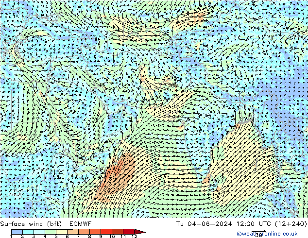 ве�Bе�@ 10 m (bft) ECMWF вт 04.06.2024 12 UTC