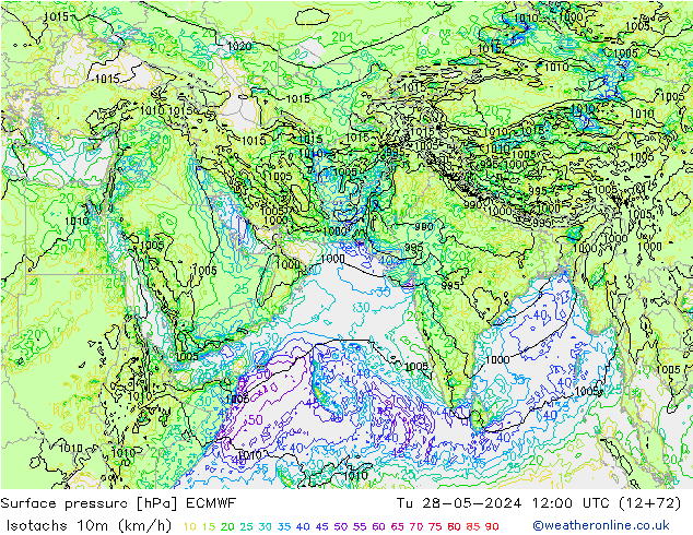 Isotachs (kph) ECMWF Út 28.05.2024 12 UTC