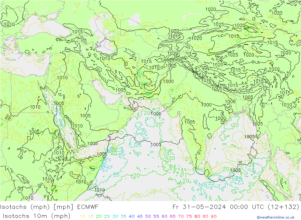 Isotachen (mph) ECMWF Fr 31.05.2024 00 UTC