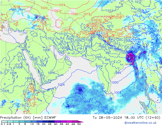 Précipitation (6h) ECMWF mar 28.05.2024 00 UTC