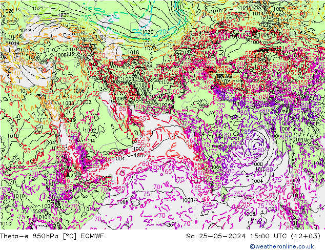 Theta-e 850hPa ECMWF 星期六 25.05.2024 15 UTC