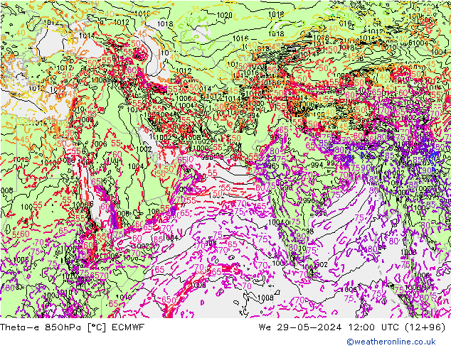 Theta-e 850hPa ECMWF 星期三 29.05.2024 12 UTC