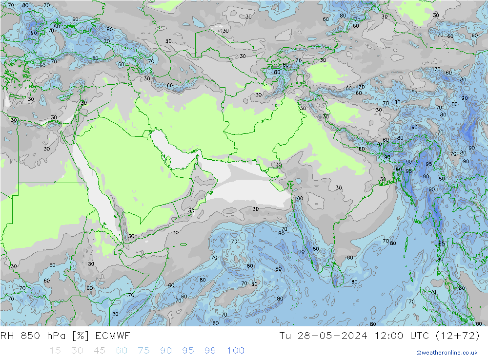 RH 850 hPa ECMWF Tu 28.05.2024 12 UTC