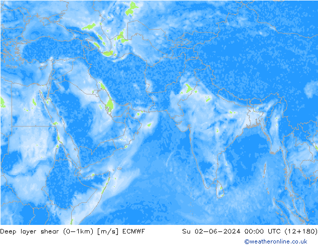 Deep layer shear (0-1km) ECMWF 星期日 02.06.2024 00 UTC