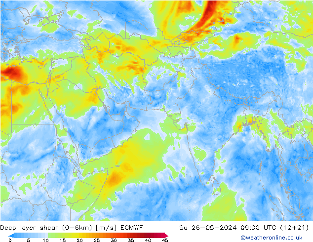 Deep layer shear (0-6km) ECMWF  26.05.2024 09 UTC