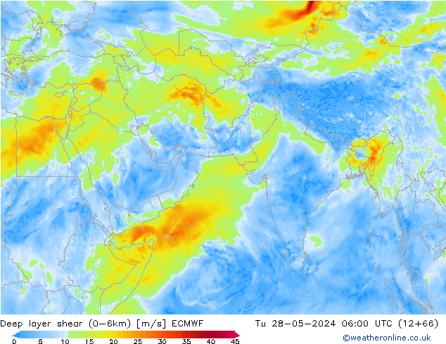 Deep layer shear (0-6km) ECMWF Tu 28.05.2024 06 UTC