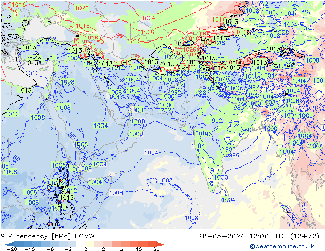 SLP tendency ECMWF Út 28.05.2024 12 UTC