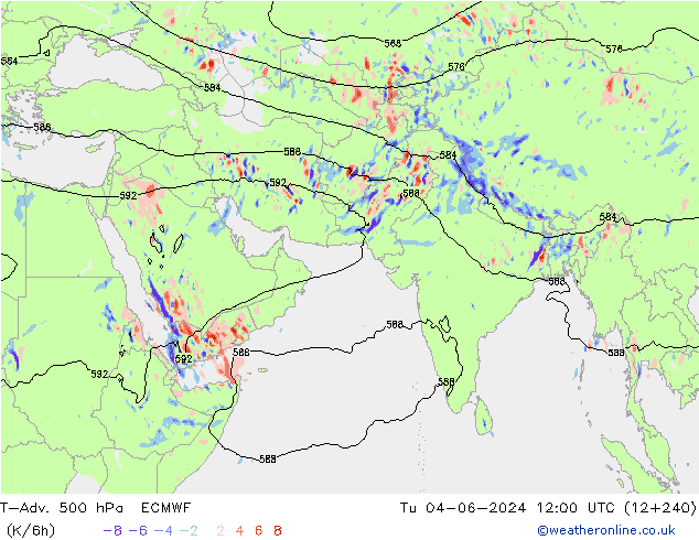 T-Adv. 500 hPa ECMWF 星期二 04.06.2024 12 UTC