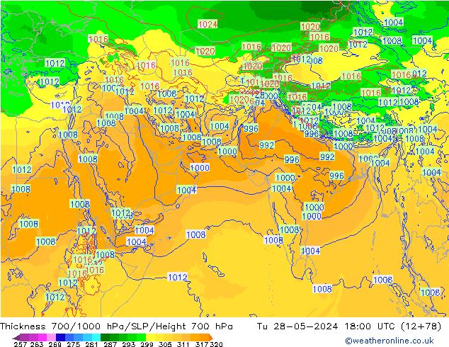 Thck 700-1000 hPa ECMWF Út 28.05.2024 18 UTC