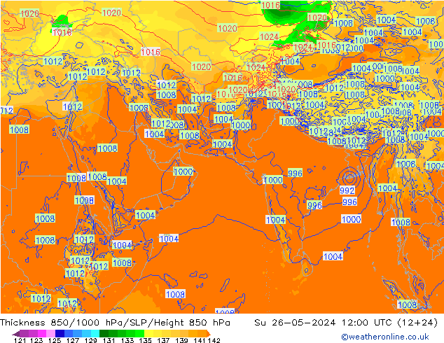 Thck 850-1000 hPa ECMWF Su 26.05.2024 12 UTC