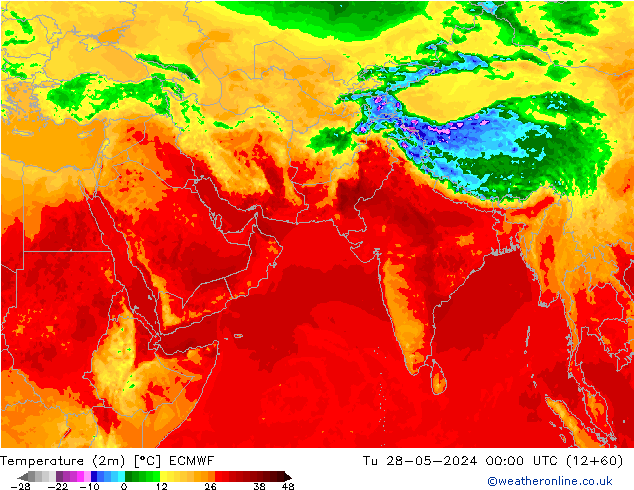 mapa temperatury (2m) ECMWF wto. 28.05.2024 00 UTC