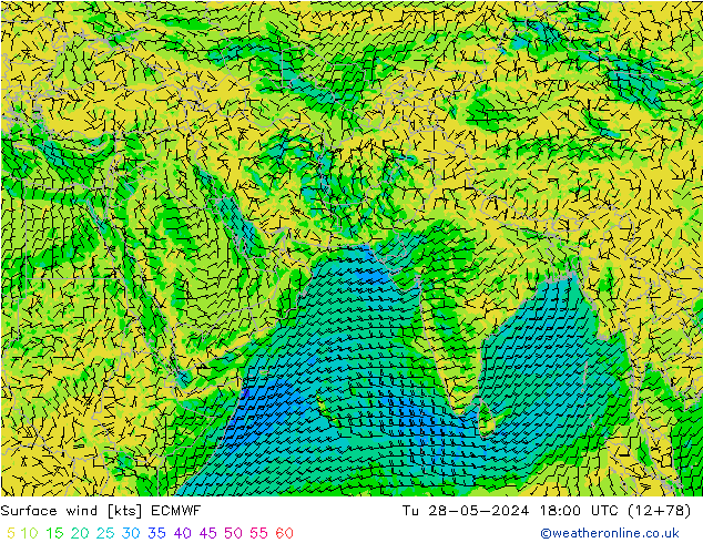 Surface wind ECMWF Út 28.05.2024 18 UTC