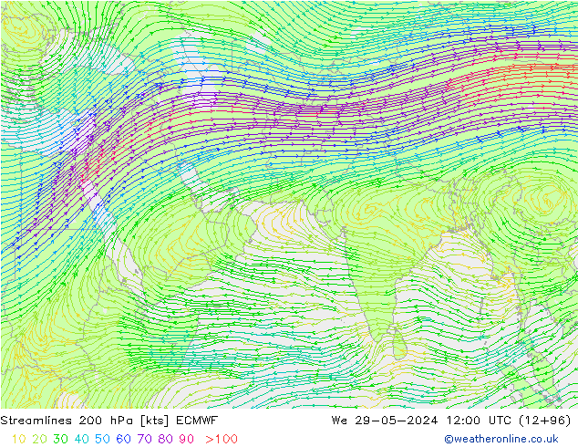 Streamlines 200 hPa ECMWF We 29.05.2024 12 UTC