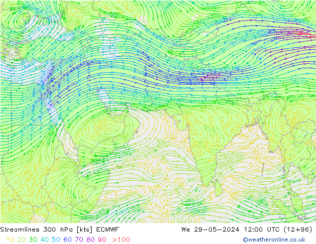 Streamlines 300 hPa ECMWF We 29.05.2024 12 UTC