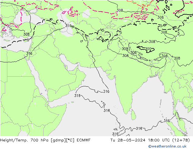 Height/Temp. 700 hPa ECMWF Út 28.05.2024 18 UTC