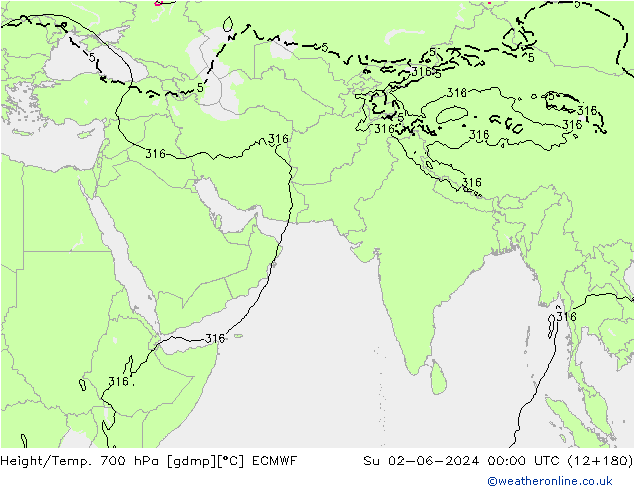 Height/Temp. 700 hPa ECMWF Dom 02.06.2024 00 UTC