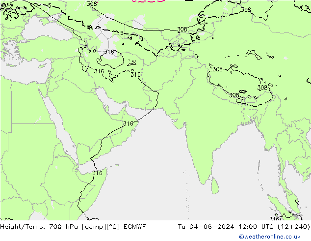 Height/Temp. 700 hPa ECMWF Tu 04.06.2024 12 UTC