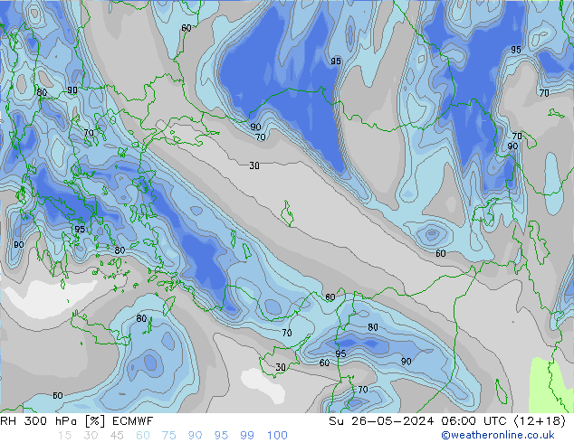 Humedad rel. 300hPa ECMWF dom 26.05.2024 06 UTC