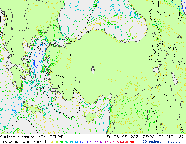 Isotaca (kph) ECMWF dom 26.05.2024 06 UTC
