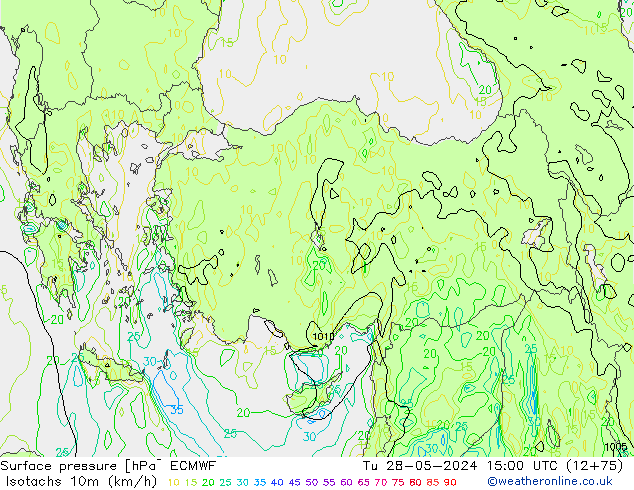 Isotachs (kph) ECMWF mar 28.05.2024 15 UTC