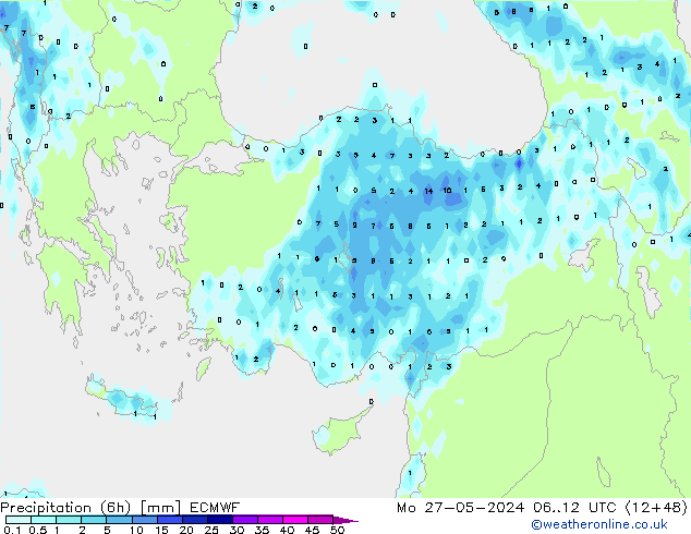 Totale neerslag (6h) ECMWF ma 27.05.2024 12 UTC