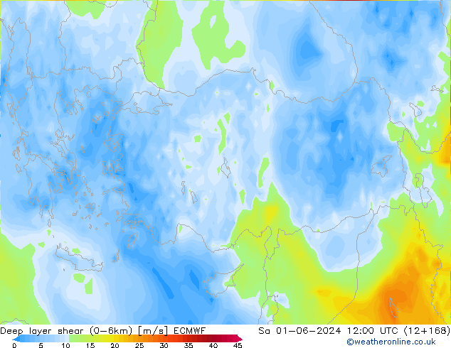 Deep layer shear (0-6km) ECMWF Sa 01.06.2024 12 UTC