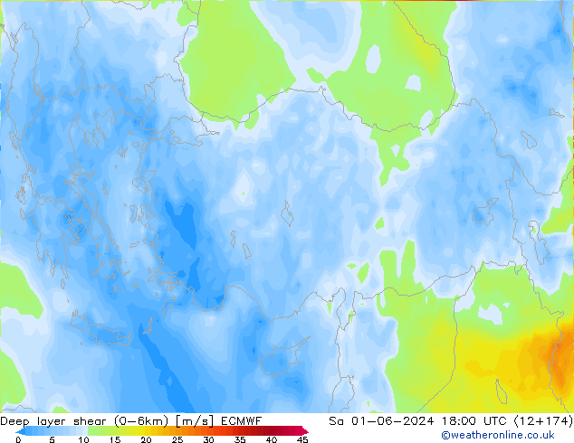 Deep layer shear (0-6km) ECMWF sam 01.06.2024 18 UTC