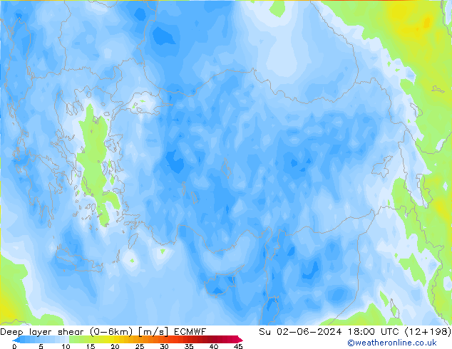 Deep layer shear (0-6km) ECMWF Paz 02.06.2024 18 UTC