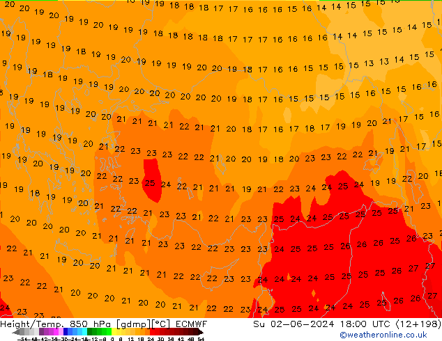 Yükseklik/Sıc. 850 hPa ECMWF Paz 02.06.2024 18 UTC