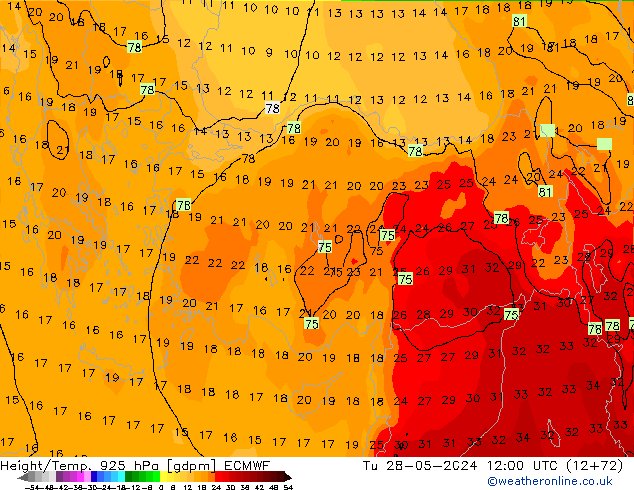 Height/Temp. 925 hPa ECMWF Tu 28.05.2024 12 UTC