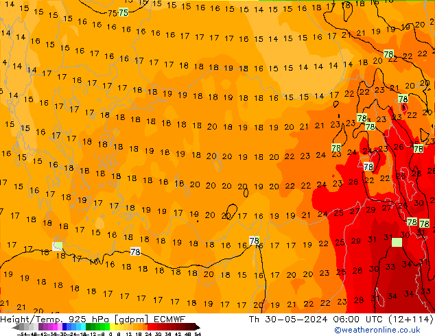 Géop./Temp. 925 hPa ECMWF jeu 30.05.2024 06 UTC