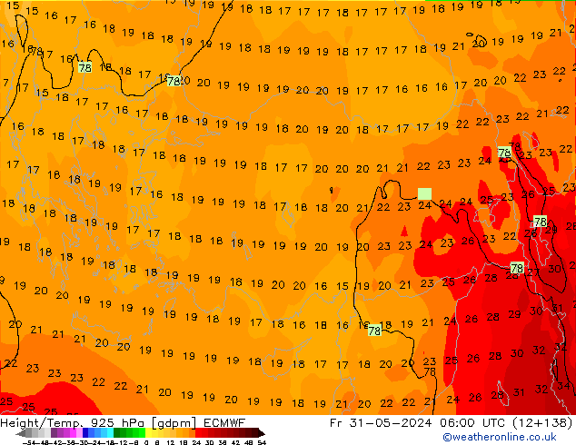 Hoogte/Temp. 925 hPa ECMWF vr 31.05.2024 06 UTC