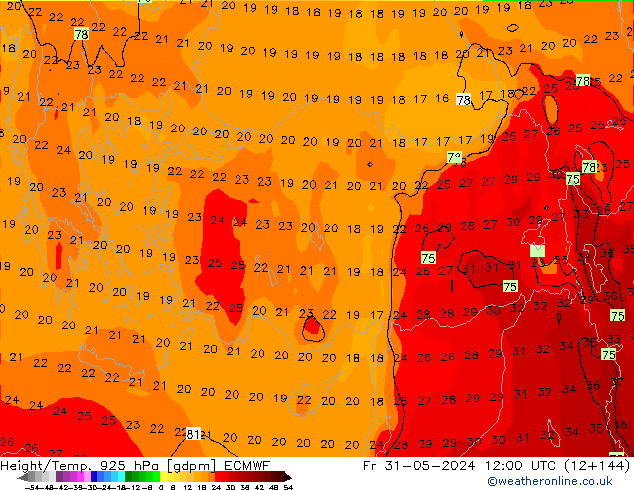 Height/Temp. 925 hPa ECMWF Fr 31.05.2024 12 UTC