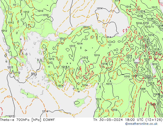 Theta-e 700hPa ECMWF czw. 30.05.2024 18 UTC