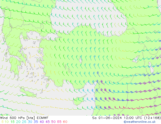 ветер 500 гПа ECMWF сб 01.06.2024 12 UTC