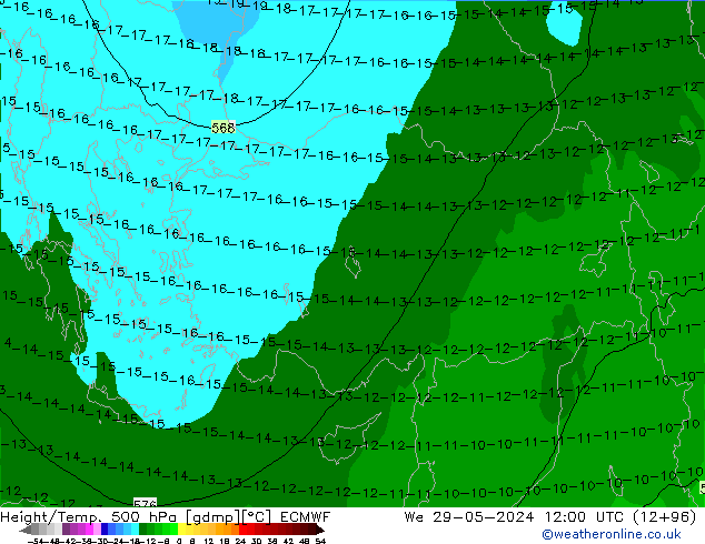 Height/Temp. 500 hPa ECMWF śro. 29.05.2024 12 UTC