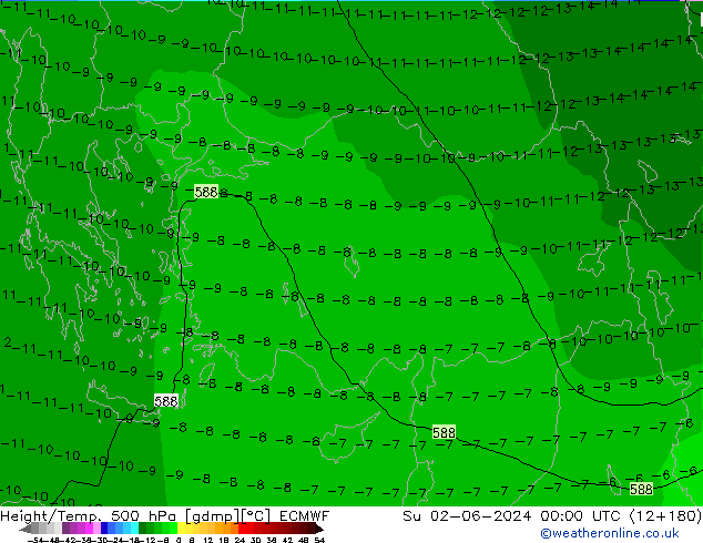 Z500/Yağmur (+YB)/Z850 ECMWF Paz 02.06.2024 00 UTC