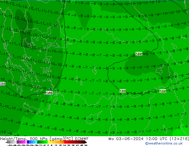 Height/Temp. 500 hPa ECMWF lun 03.06.2024 12 UTC