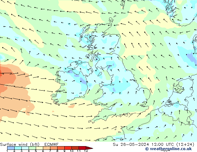 Vent 10 m (bft) ECMWF dim 26.05.2024 12 UTC