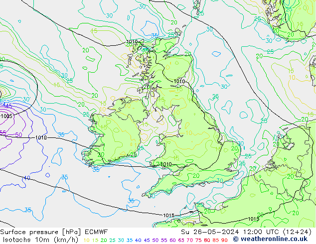 Isotachs (kph) ECMWF Вс 26.05.2024 12 UTC