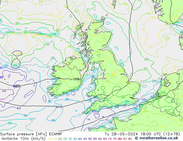 Isotachs (kph) ECMWF Tu 28.05.2024 18 UTC