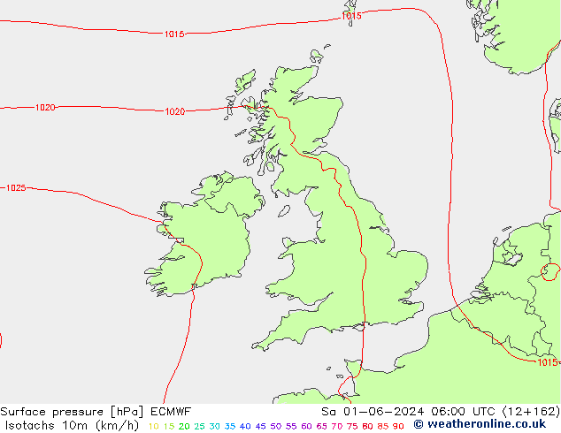 Isotachs (kph) ECMWF sab 01.06.2024 06 UTC