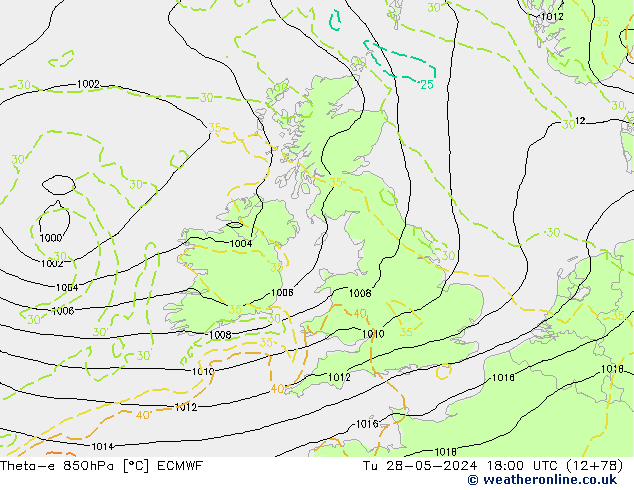 Theta-e 850hPa ECMWF mar 28.05.2024 18 UTC