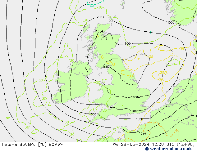 Theta-e 850hPa ECMWF  29.05.2024 12 UTC