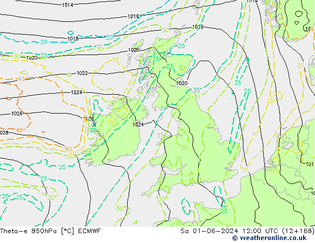 Theta-e 850hPa ECMWF So 01.06.2024 12 UTC