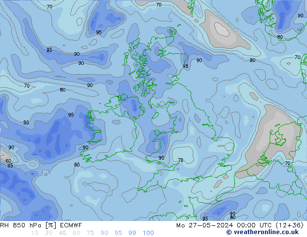 RH 850 hPa ECMWF pon. 27.05.2024 00 UTC