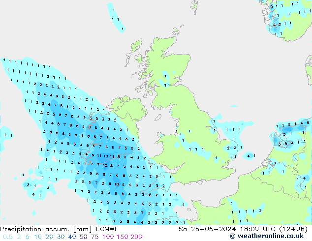 Precipitation accum. ECMWF 星期六 25.05.2024 18 UTC