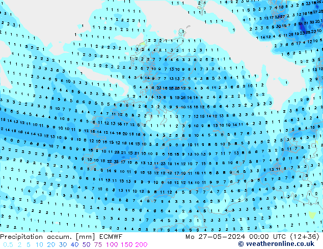 Precipitation accum. ECMWF Mo 27.05.2024 00 UTC