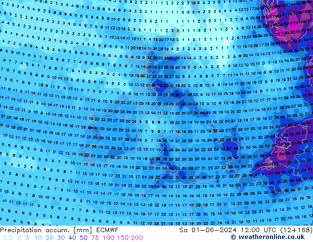 Precipitation accum. ECMWF so. 01.06.2024 12 UTC